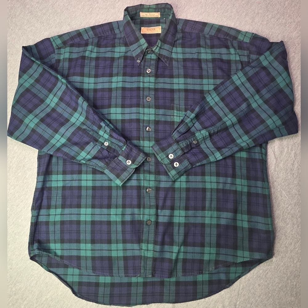 Vintage Guess Classic Sportswear Plaid Button-Down Shirt - Green and Blue